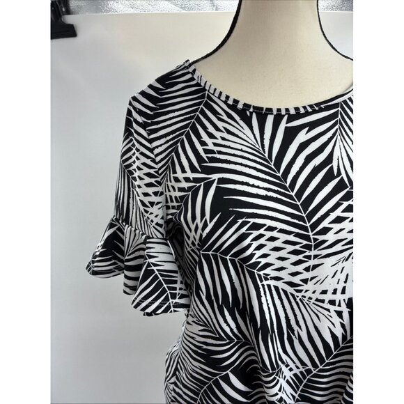 89TH + MADISON Women's Black White Palm Print Blouse M Ruffle Sleeve - Picture 2 of 6